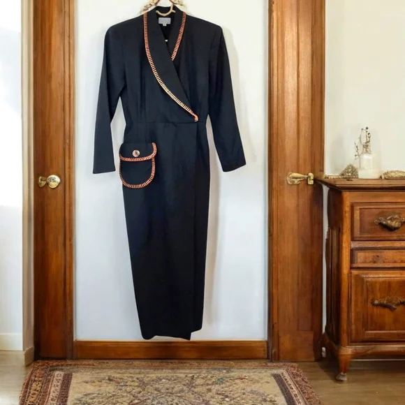 Vintage Black Wrap Maxi Dress 80s New Old Stock Elegant Glamour Witchy Sz 6 - Picture 10 of 12